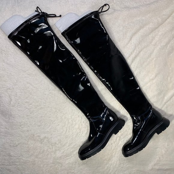 black vinyl over the knee boots